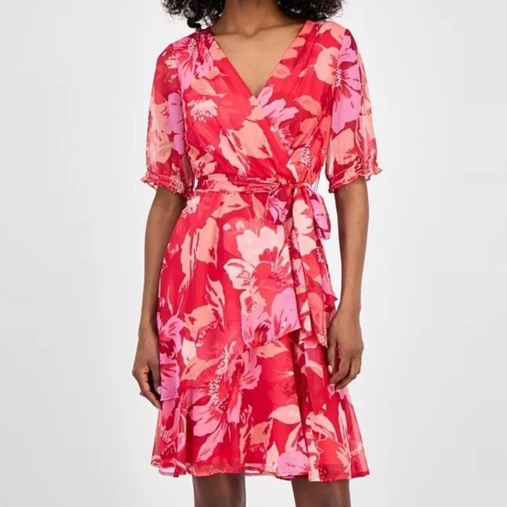 Tahari ASL Printed Tie Waist Chiffon A Line Pink Short Dress Womens Size 10P NWT